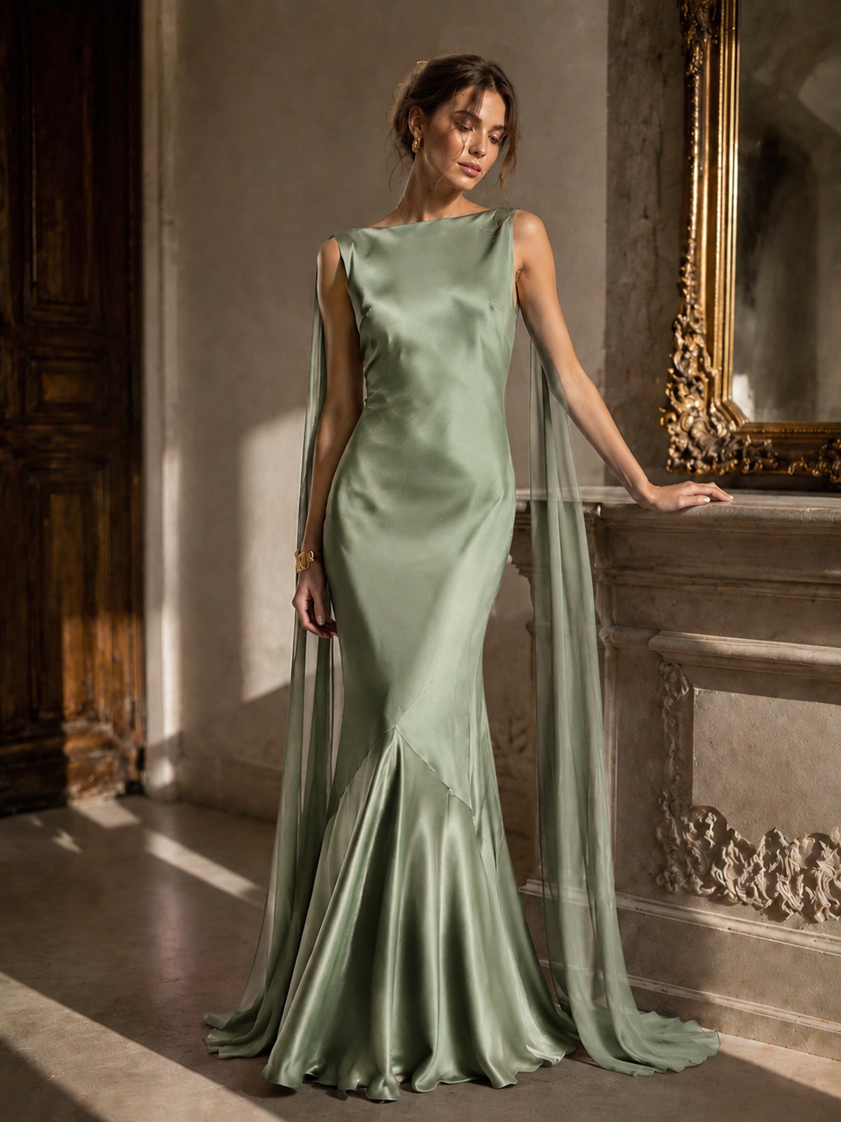 Burgundy Satin Mermaid Cape Maxi Dress