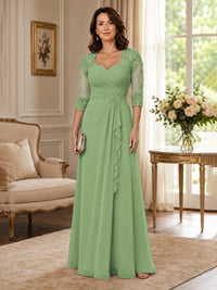Chiffon Lace Applique Mother of the Bride Dress with 3/4 Sleeves