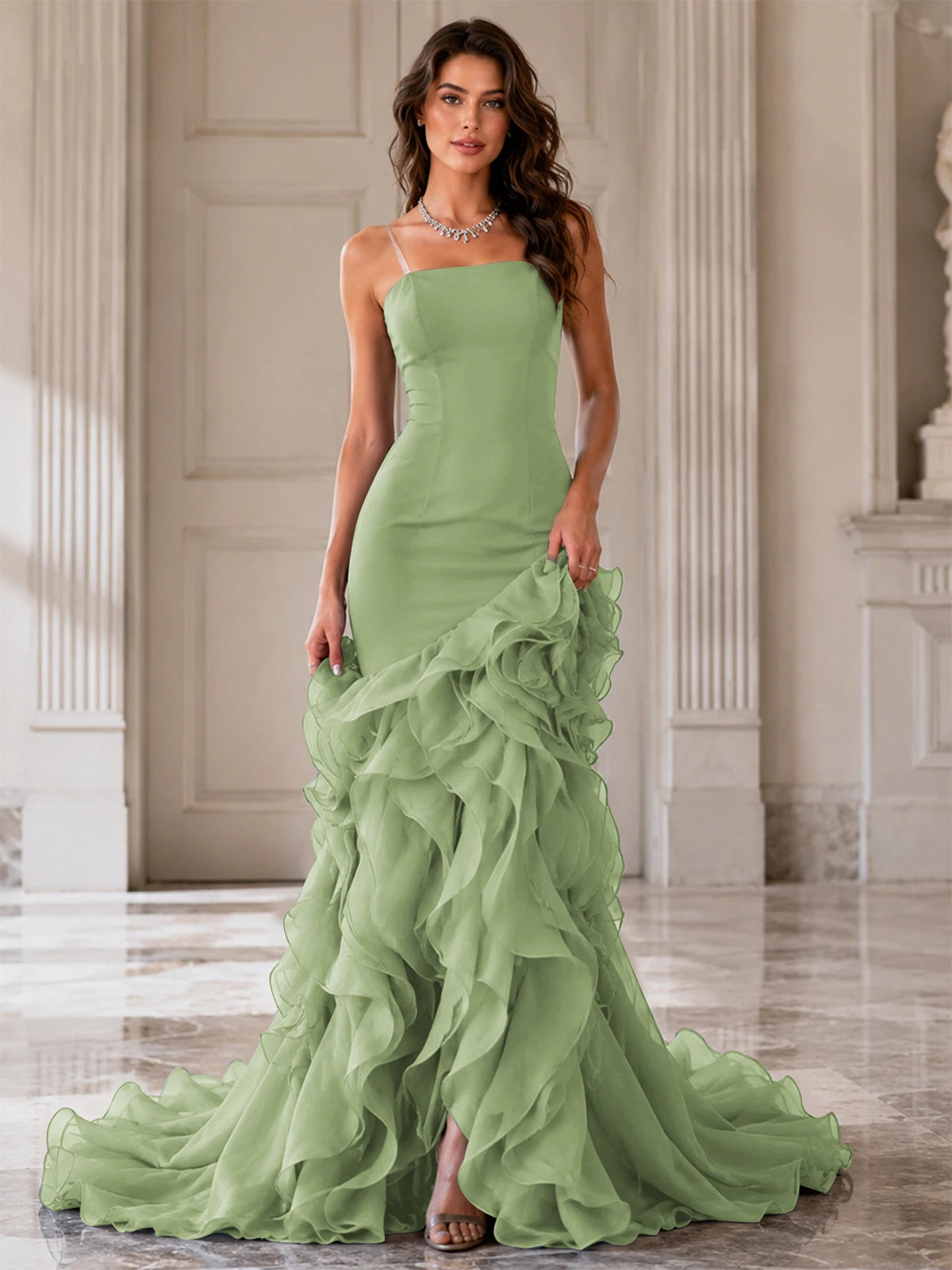 Mermaid Formal Evening Dress with Layered Ruffle Train