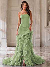Mermaid Formal Evening Dress with Layered Ruffle Train