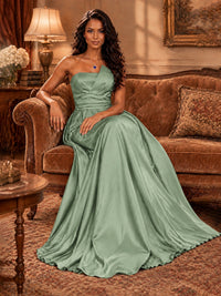 Draped Satin Prom Dress Strapless A-line Formal Dress Floor Length