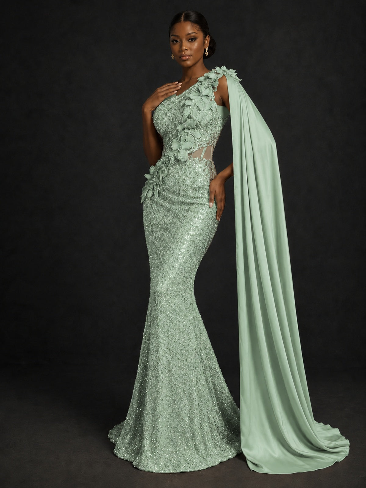 Gold Sequin One Shoulder Mermaid Prom Dress with Cape