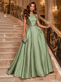 Satin A-Line Prom Dress Sleeveless Beaded Waist Formal Gown with Pockets
