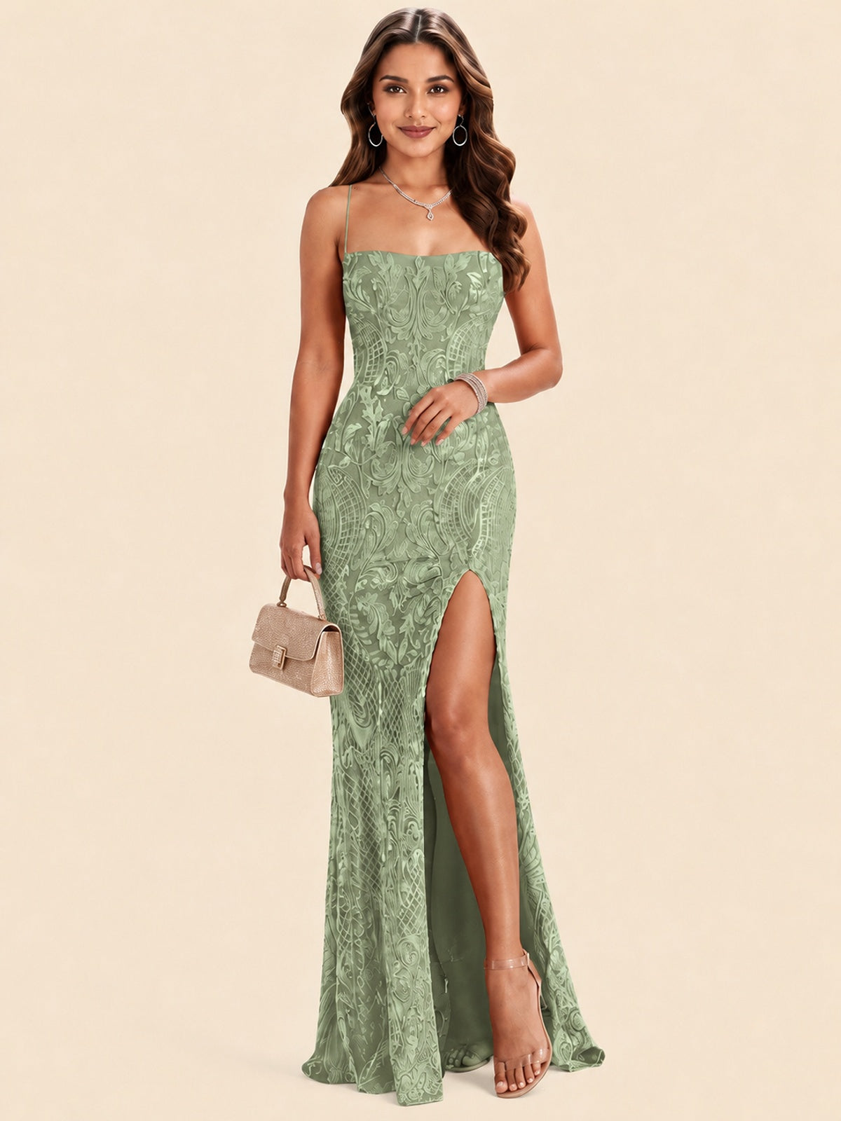 Sequin Lace Appliques Mermaid Prom Dress Spaghetti Strap Formal Gowns with Slit