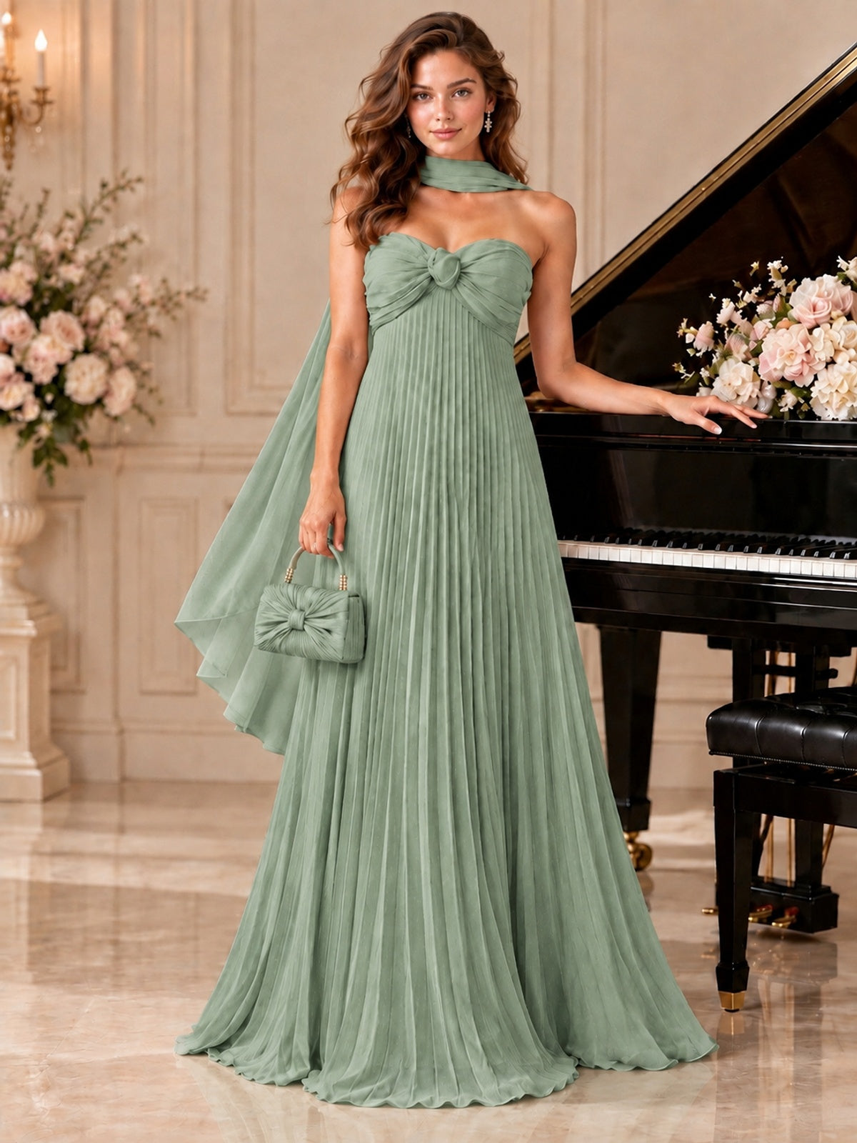 Sweetheart Neckline Pleated Prom Dress Strapless A-line Formal Dress with Flowy Scarf