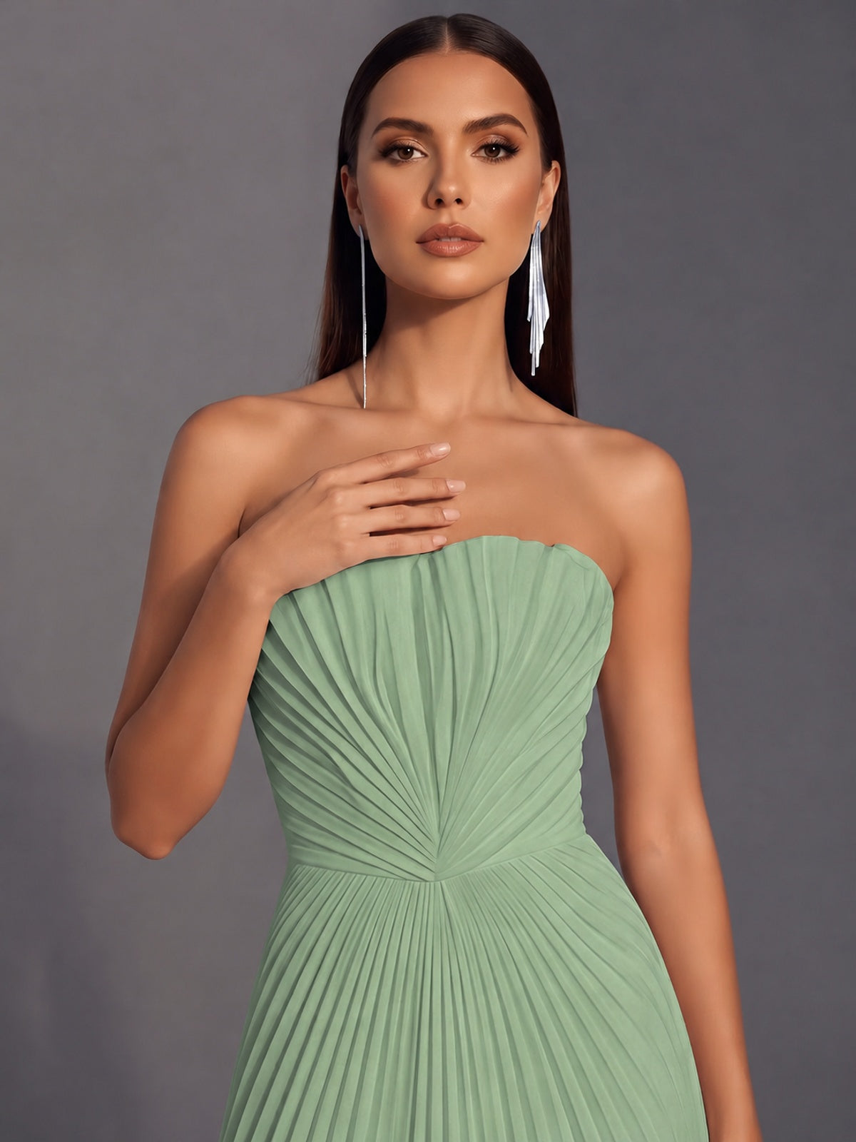 Strapless A-line Long Pleated Satin Prom Dress