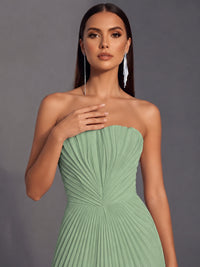 Strapless A-line Long Pleated Satin Prom Dress