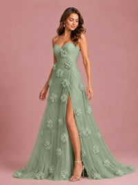 3D Floral Applique Strapless Tulle Prom Dress with High Slit