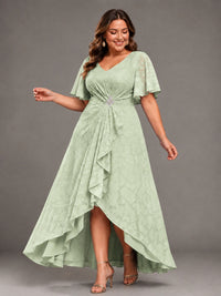 Jacquard Chiffon A-Line V-Neck High-Low Mother of the Bride Dress