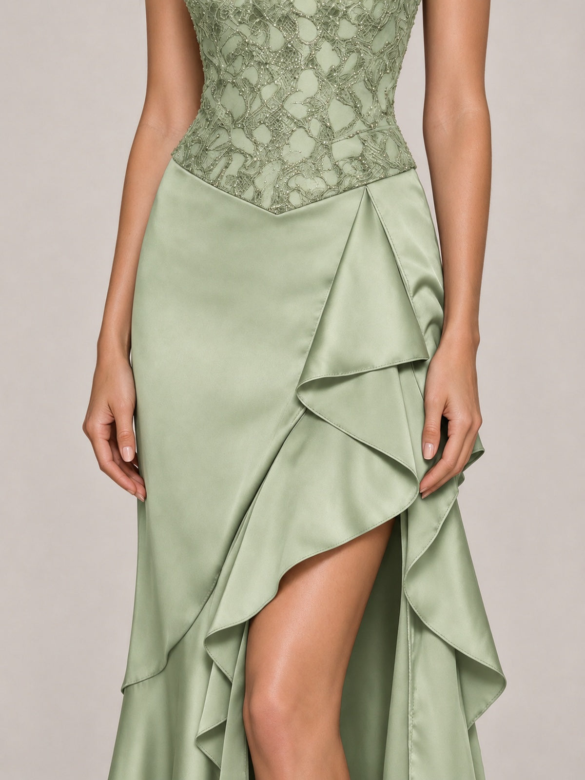 Strapless Lace Appliques Corset Satin Prom Dress Ruffle Slit Evening Gown