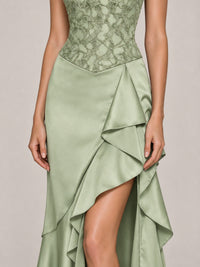 Strapless Lace Appliques Corset Satin Prom Dress Ruffle Slit Evening Gown