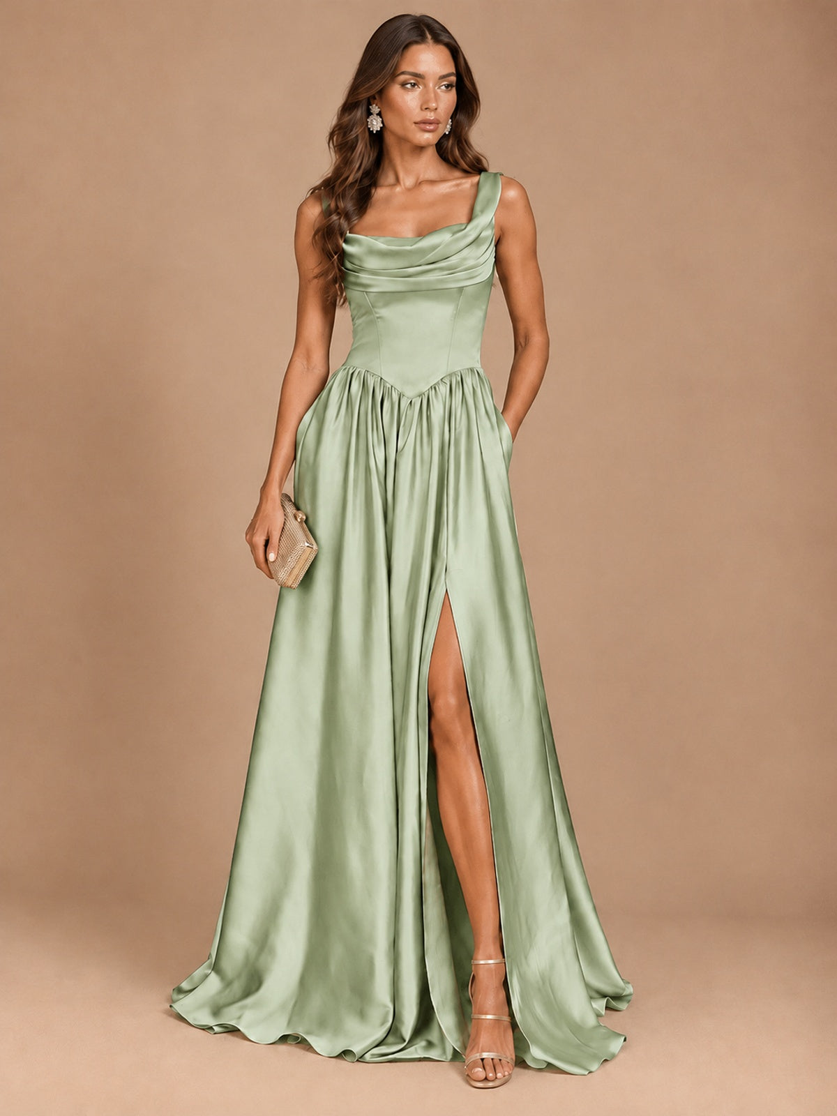 Cowl Neck Pleated Satin Prom Dress with Pockets & Slit Maxi Formal Gowns