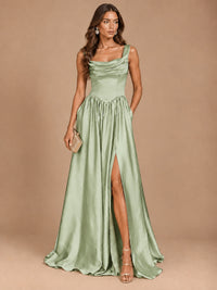 Cowl Neck Pleated Satin Prom Dress with Pockets & Slit Maxi Formal Gowns