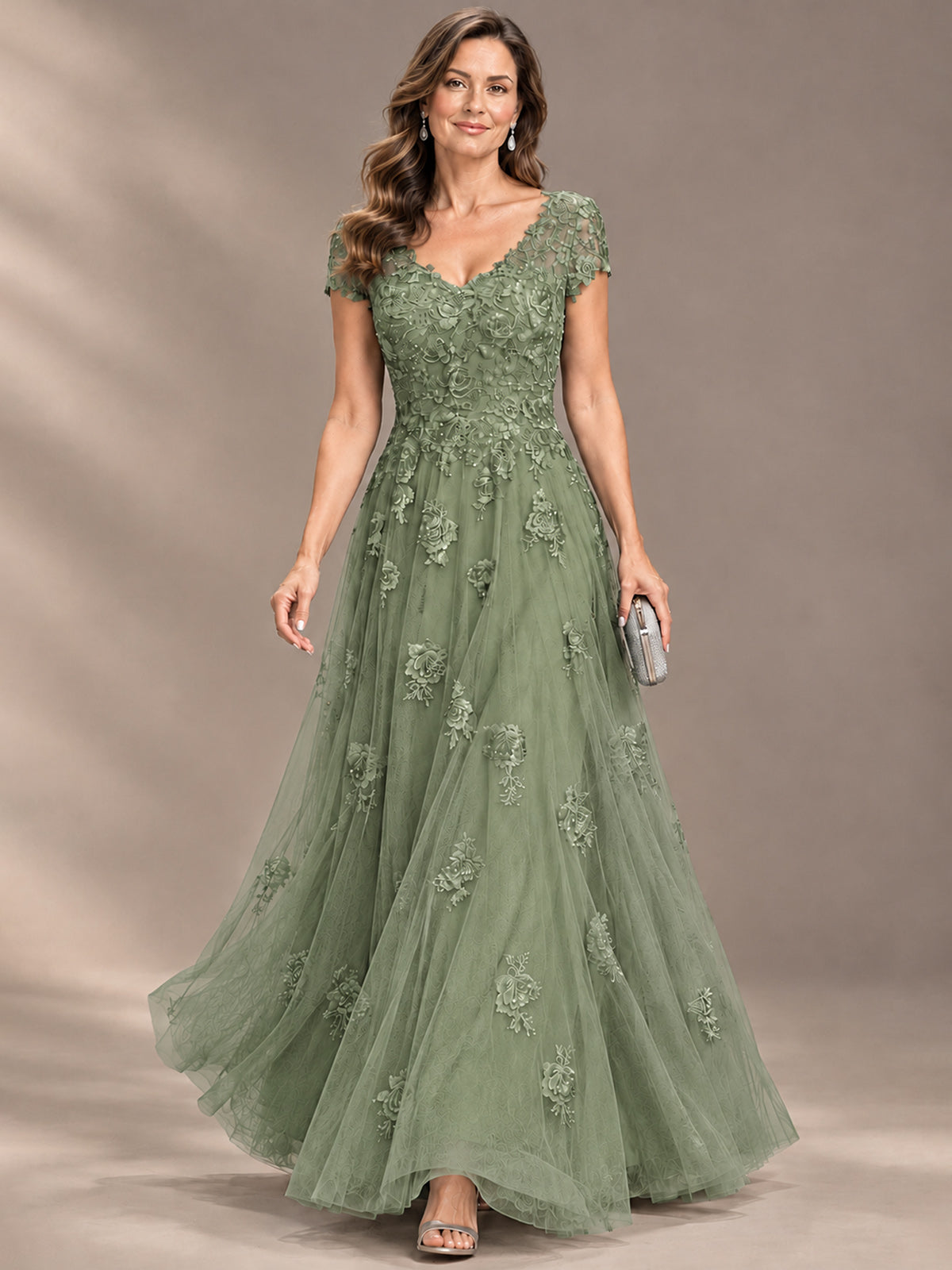 Lace Appliques A-line Mother of The Bride Dresses with Short Sleeves