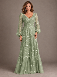 Dusty Rose Floral Embroidered A-Line Mother of the Bride Dress with Long Sleeves
