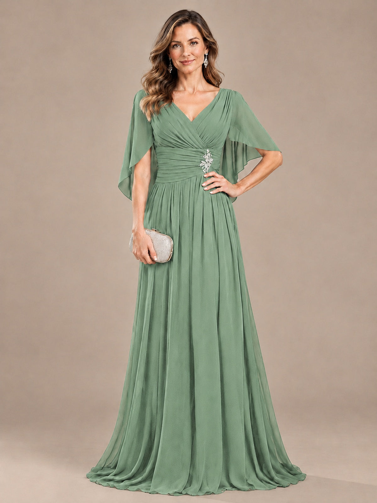 Ruched V Neck Mother of The Bride Dresses with Shawls Appliques and Cap Sleeves