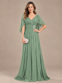 Ruched V Neck Mother of The Bride Dresses with Shawls Appliques and Cap Sleeves