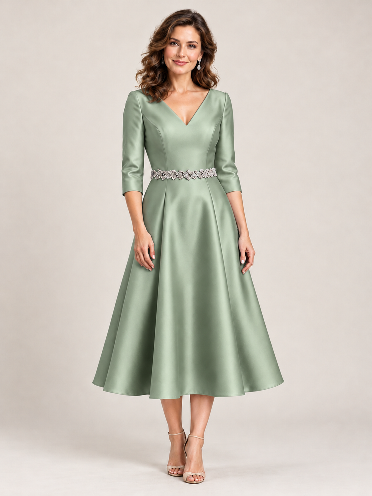 Light Blue V-Neck Tea-Length Mother of the Bride Dress with Embellished Waist