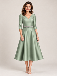 Light Blue V-Neck Tea-Length Mother of the Bride Dress with Embellished Waist