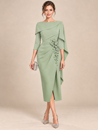 Light Blue Cape Sleeve Mother of the Bride Midi Dress with Floral Applique