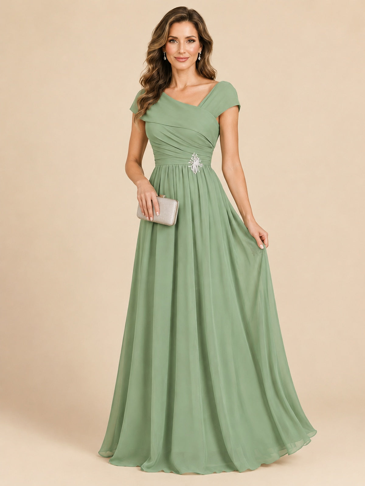 Cap Sleeve Mother of The Bride Dresses Long Chiffon Formal Gowns