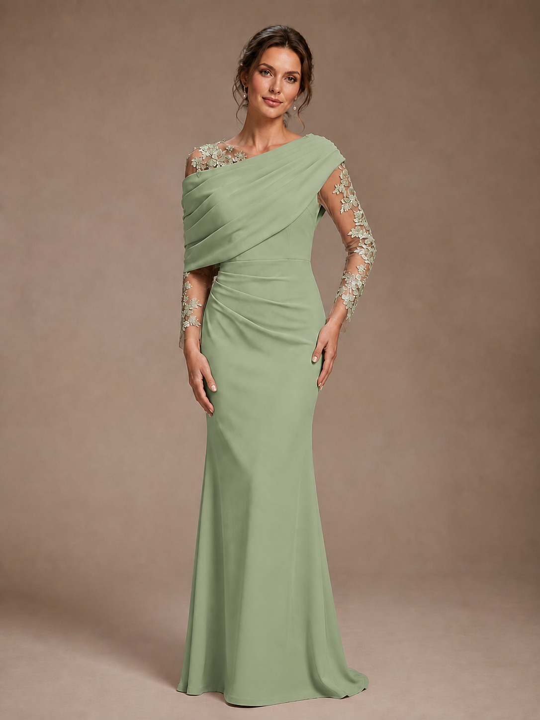 Dusty Rose Illusion Long Sleeve Chiffon Applique Mother of The Bride Dress