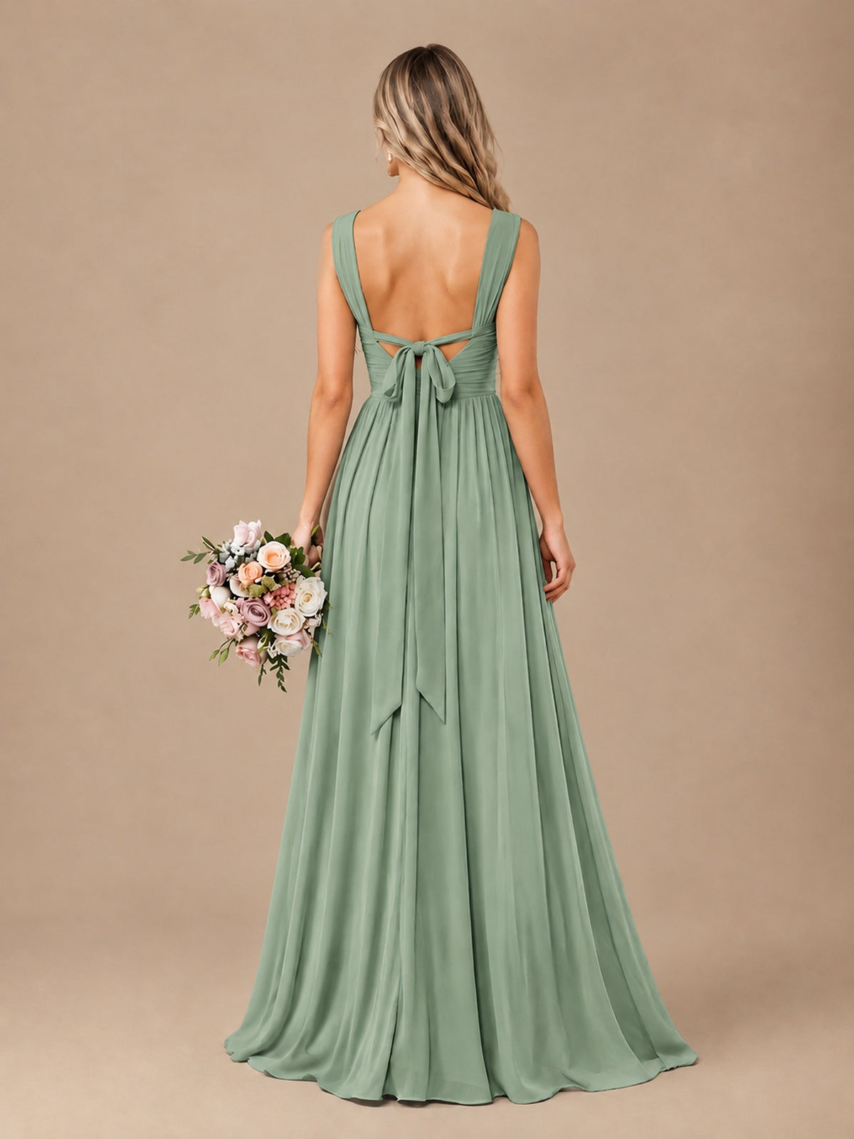 Pleated Chiffon V Neck Wedding Bridesmaid Dresses Floor Length with Slit