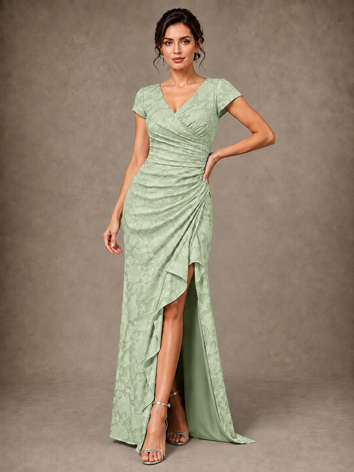 V-Neck Floral Jacquard Mother of the Bride Dress with Slit