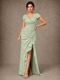 V-Neck Floral Jacquard Mother of the Bride Dress with Slit