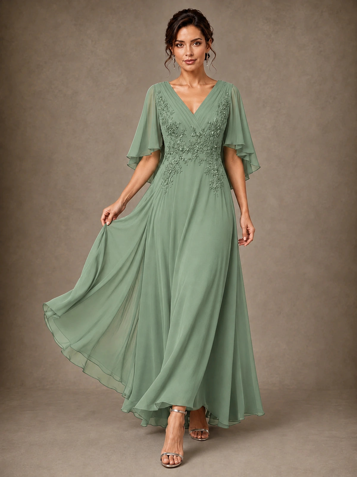 V-Neck Chiffon Lace Mother of the Bride Dress with Flutter Sleeves