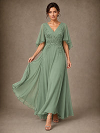 V-Neck Chiffon Lace Mother of the Bride Dress with Flutter Sleeves