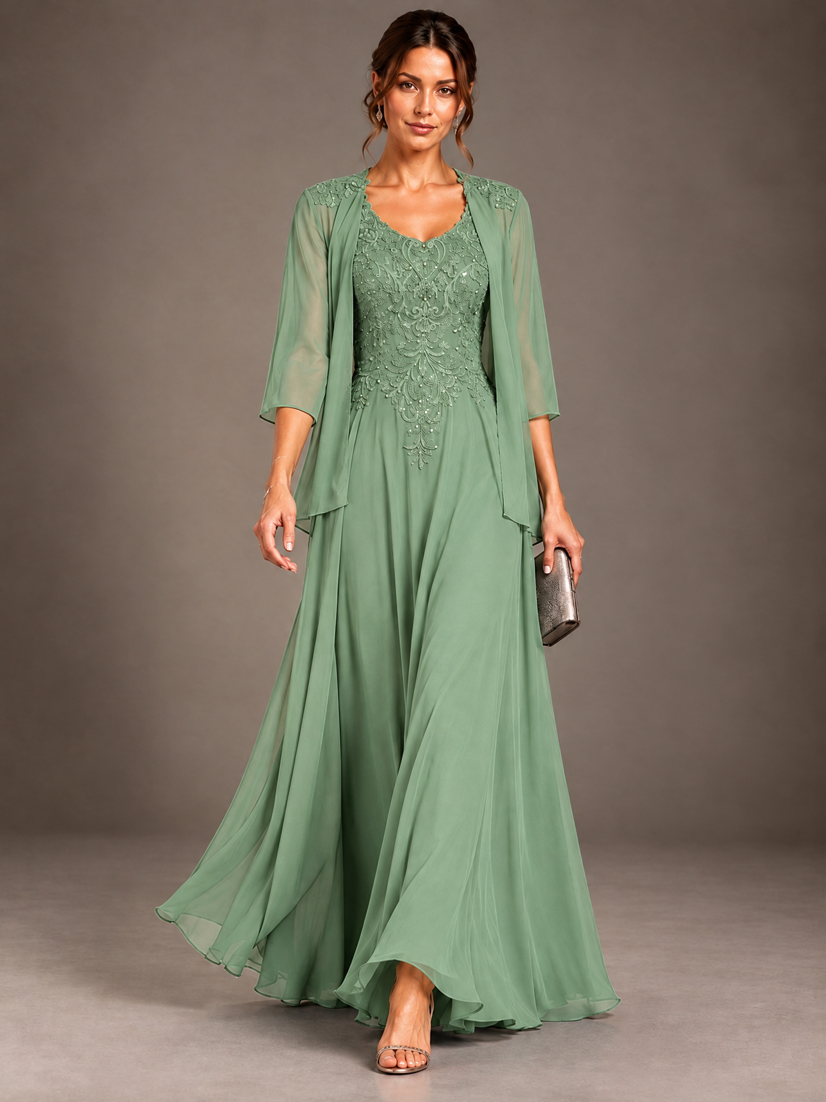 A-line 2 Pieces Chiffon Appliques Mother of The Bride Dresses with Jackets
