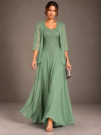 A-line 2 Pieces Chiffon Appliques Mother of The Bride Dresses with Jackets