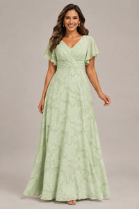 Jovellee Floral Chiffon A-Line Mother of the Bride Dress with Flutter Sleeves
