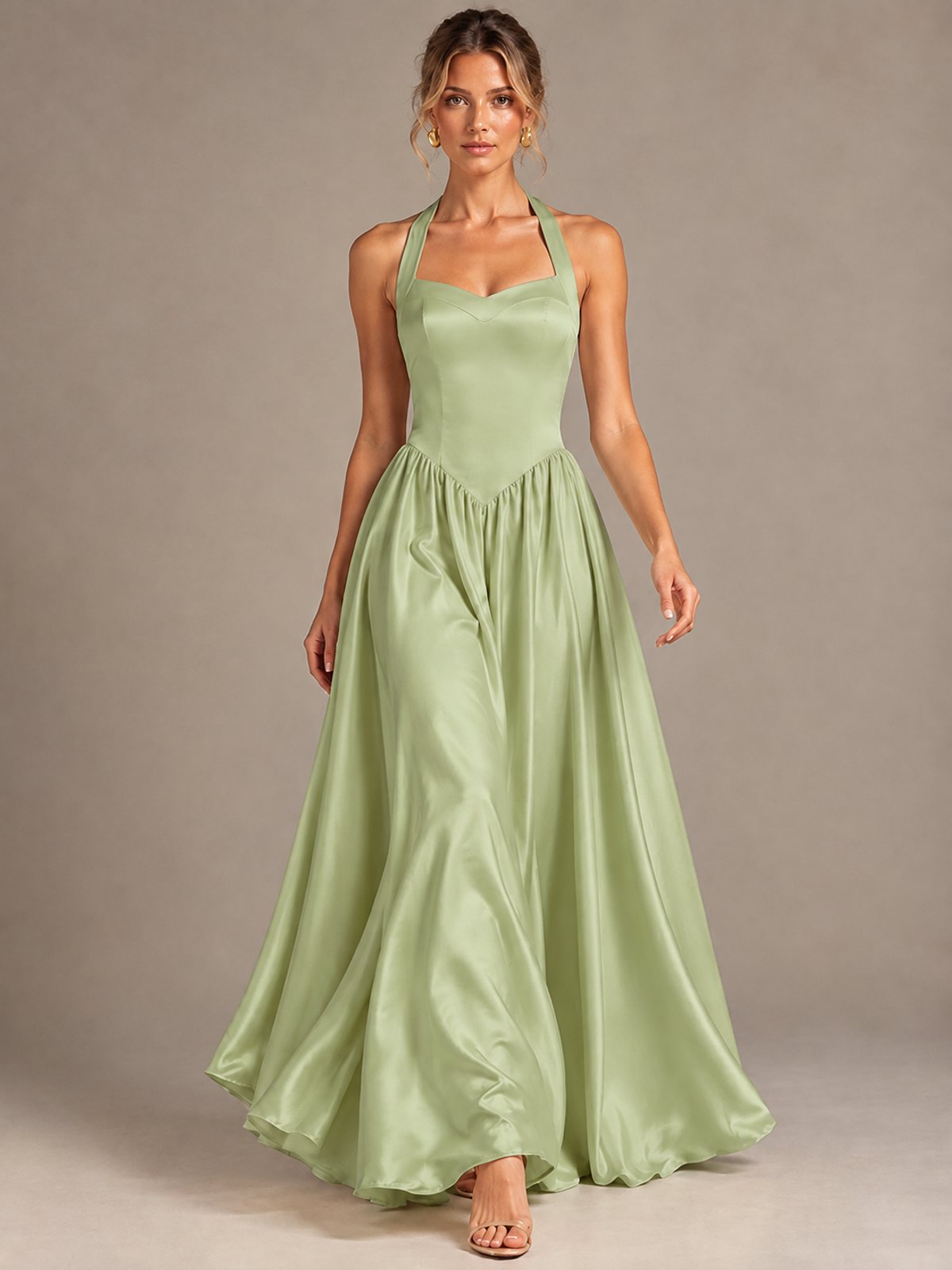 Light Yellow Halter Neck Satin A-Line Maxi Dress with Pockets