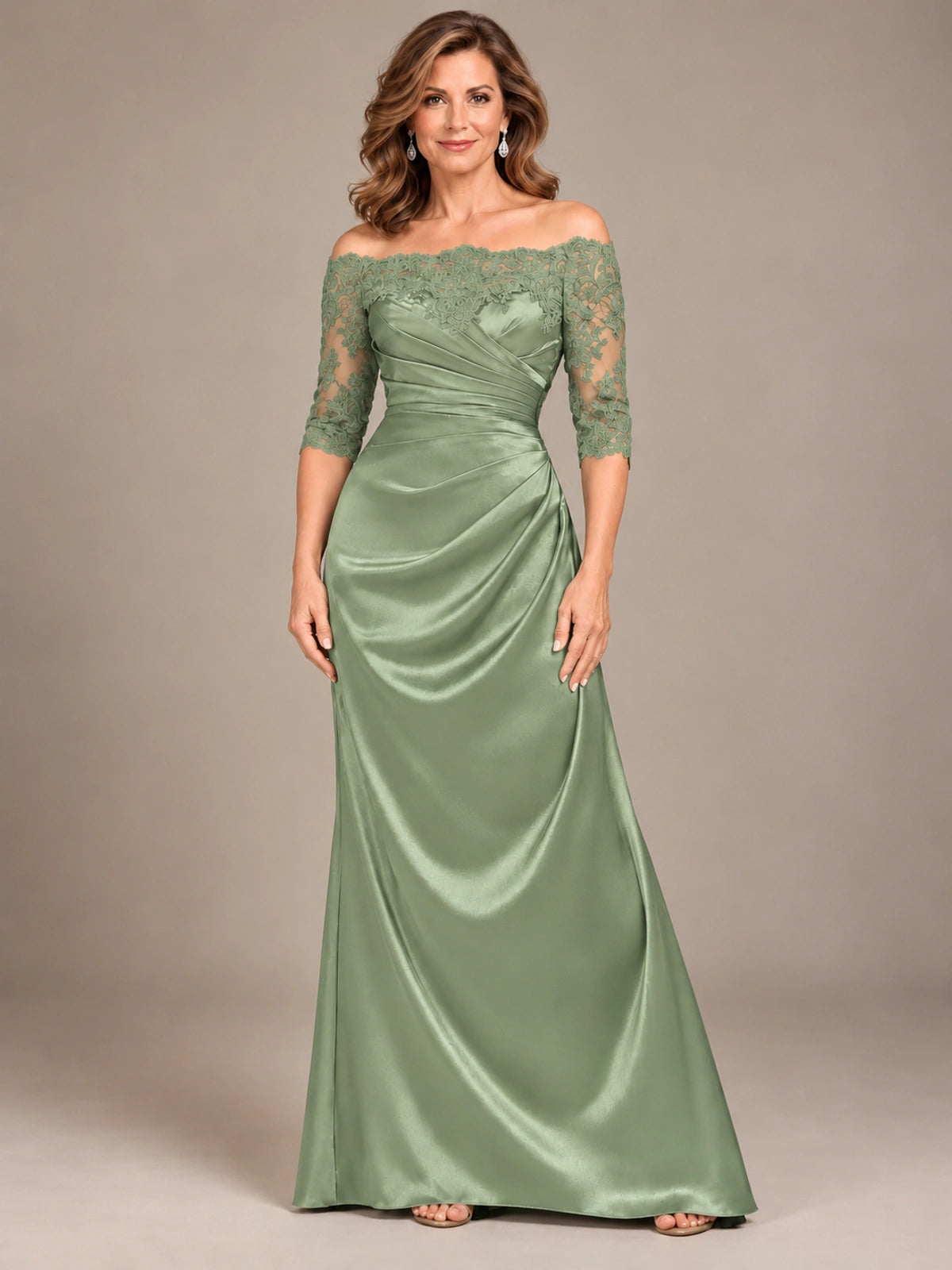 Satin Mother of the Bride Dress with Lace Sleeves Off Shoulder Formal Gown