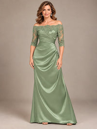 Satin Mother of the Bride Dress with Lace Sleeves Off Shoulder Formal Gown