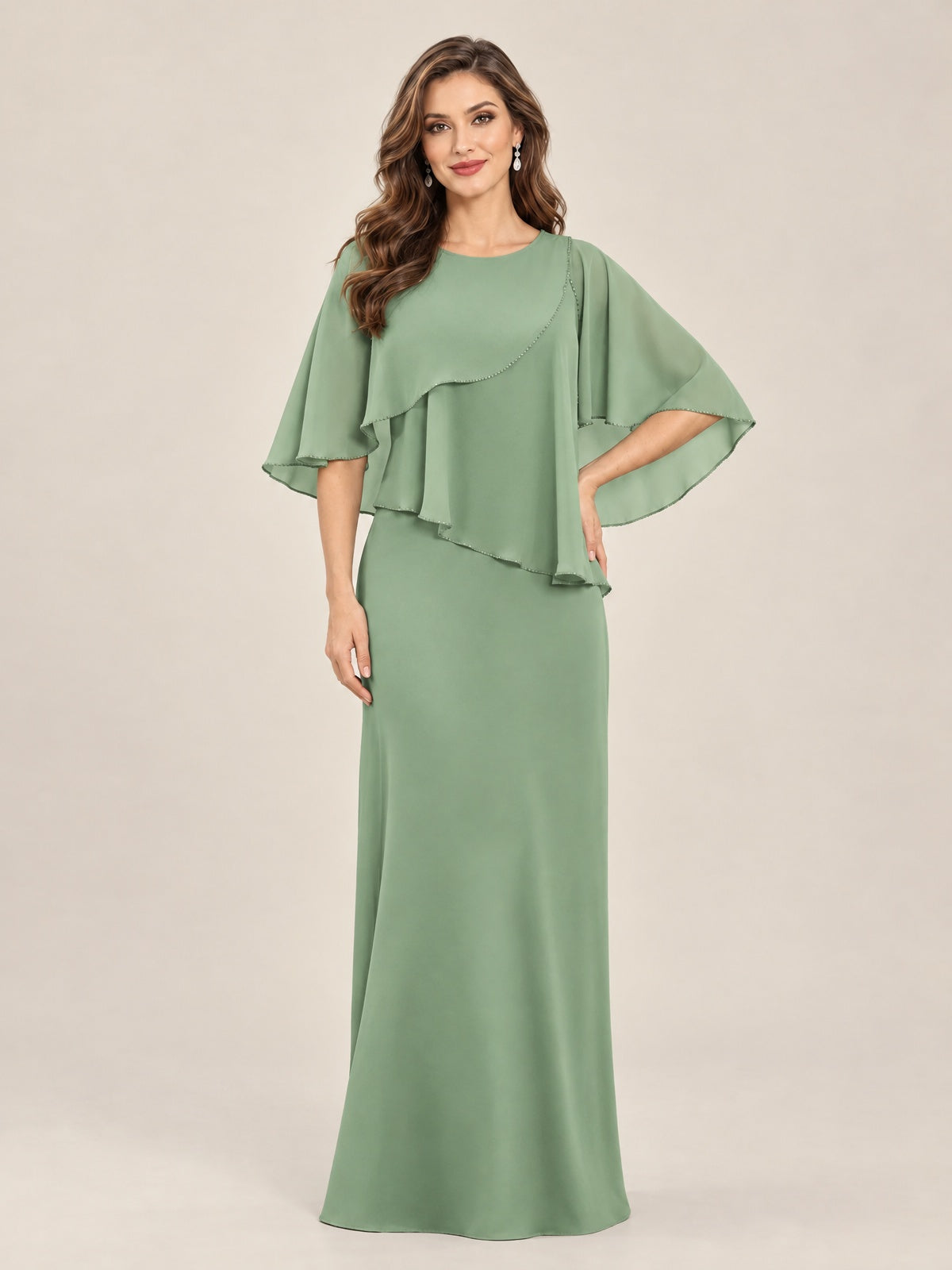 Sage Green-Chiffon 2 Piece A Line Mother of The Bride Dresses with Cape