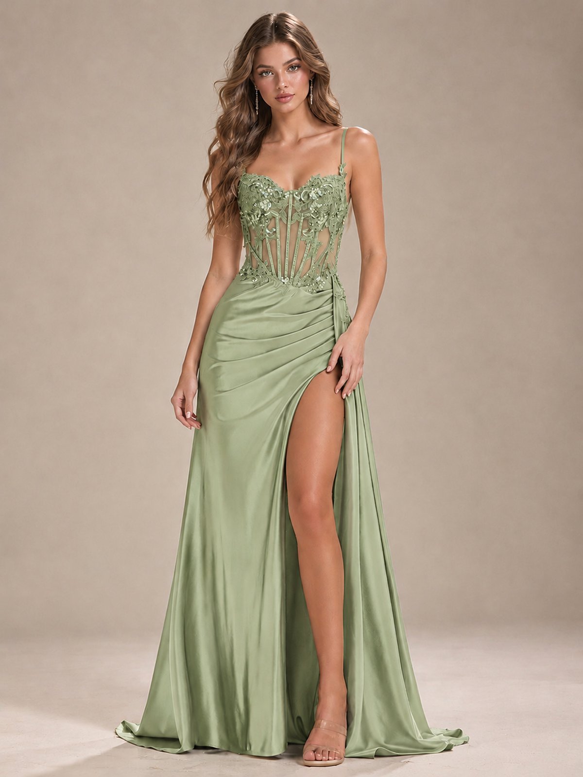 Mermaid Satin Prom Dress with Floral Appliqué Corset and High Slit