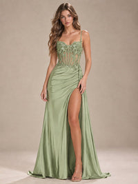 Mermaid Satin Prom Dress with Floral Appliqué Corset and High Slit