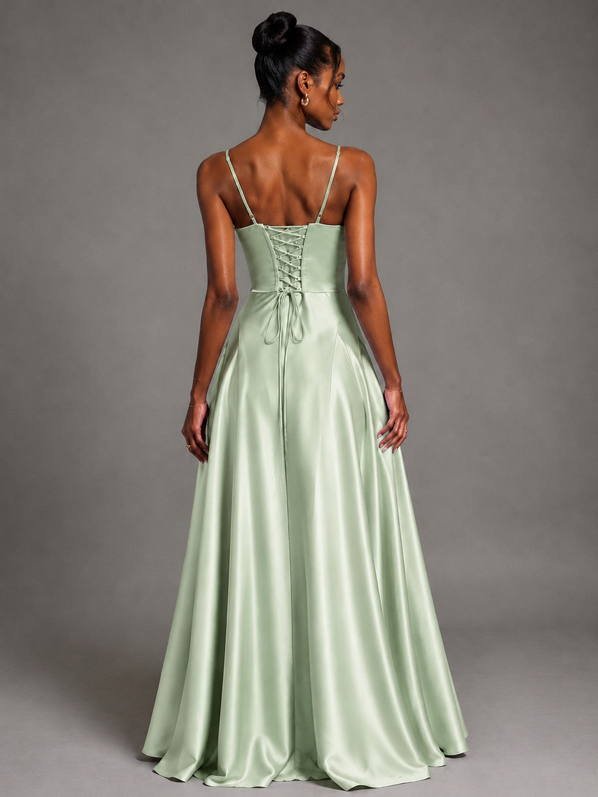 Lavender V Neck Satin Prom Dress with Spaghetti Straps