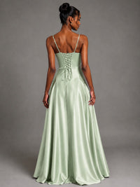 Lavender V Neck Satin Prom Dress with Spaghetti Straps