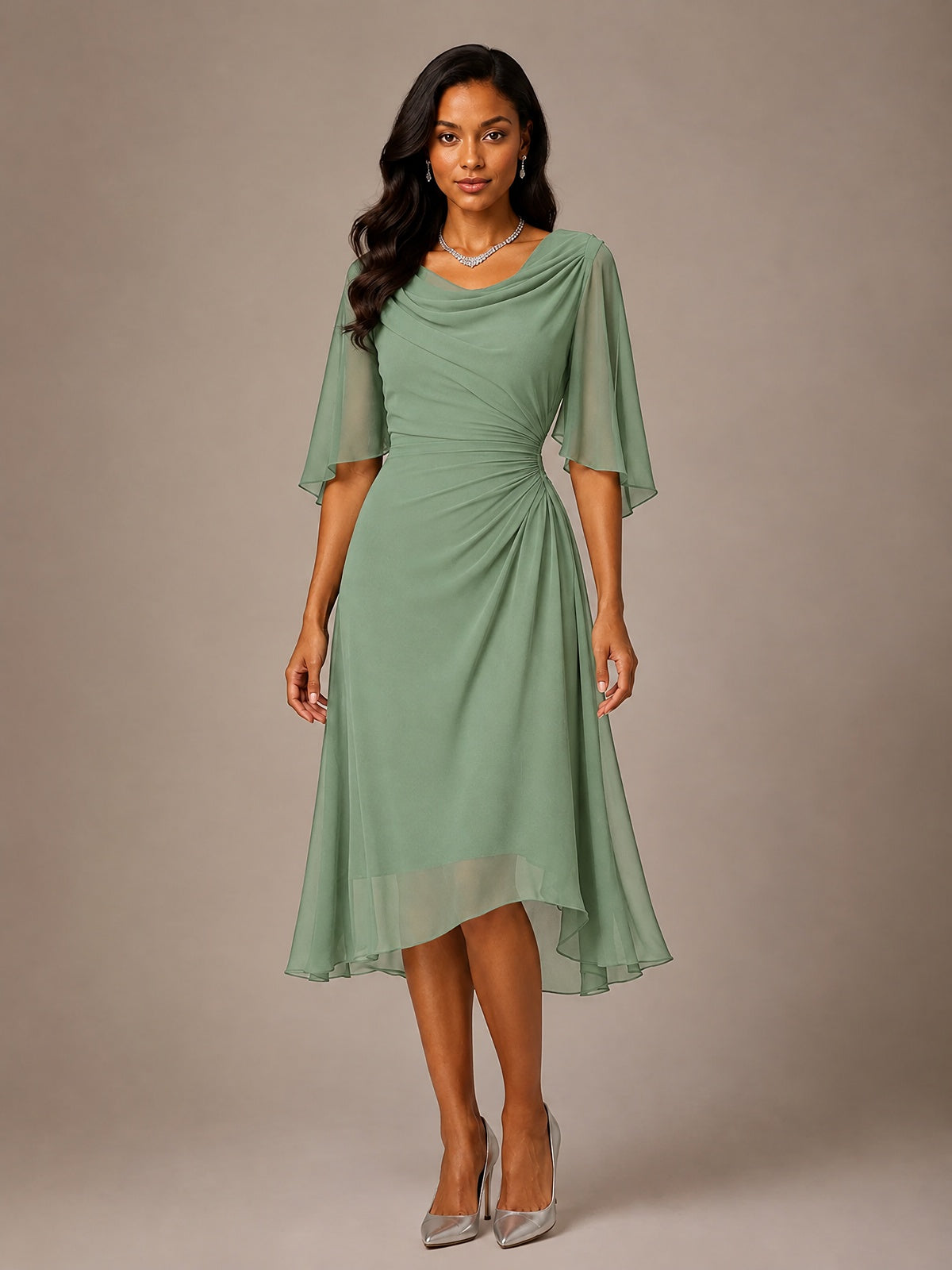 Cowl Neck Ruched Chiffon Mother of the Bride Dresses with Flutter Sleeves