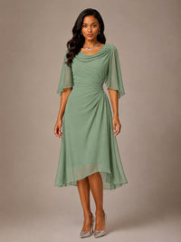 Cowl Neck Ruched Chiffon Mother of the Bride Dresses with Flutter Sleeves