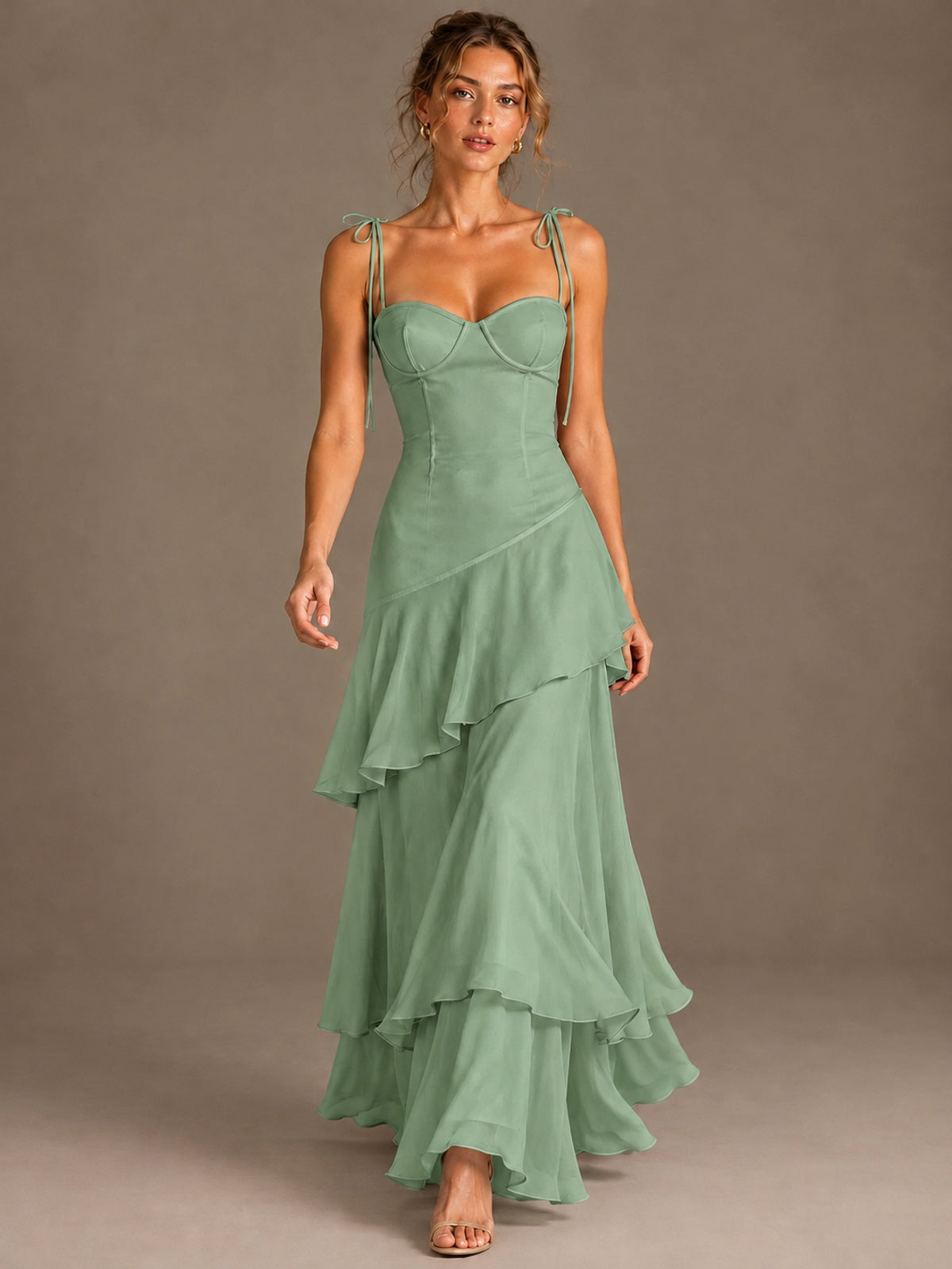 Spaghetti Strap Tiered Ruffles Chiffon Prom Dress