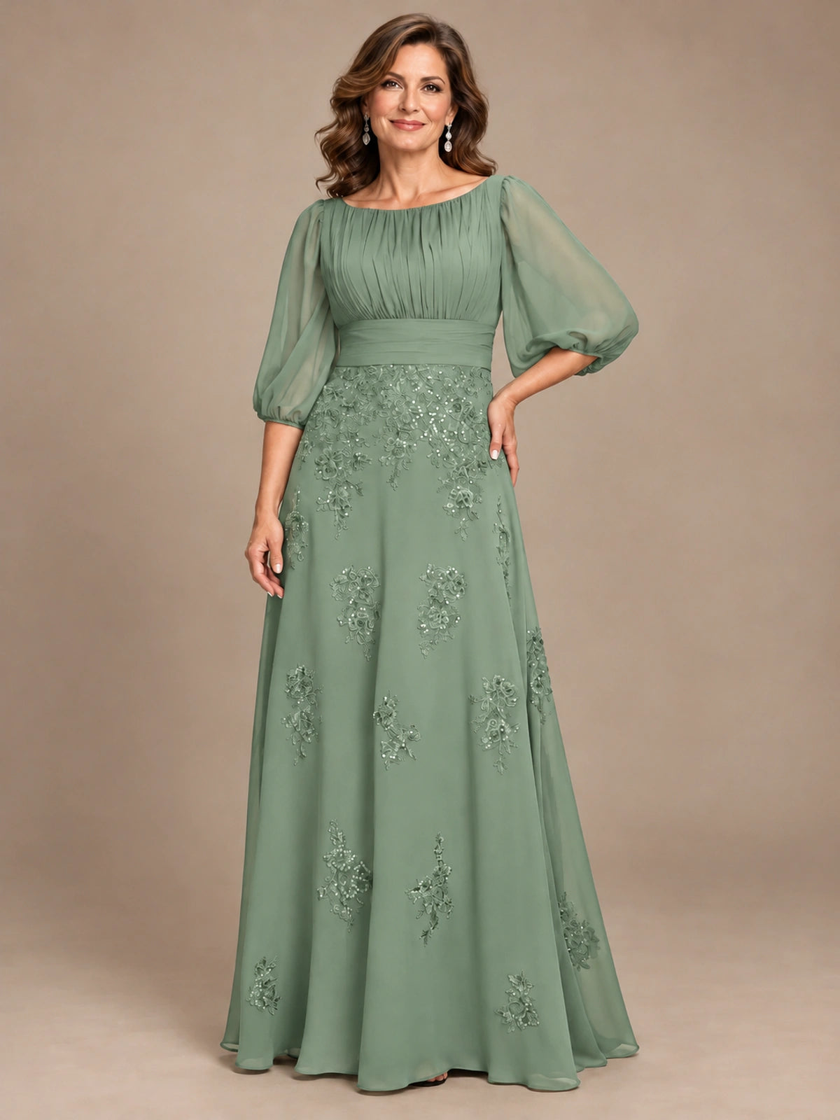 A-Line Mother of the Bride Dress with Sheer Puff Sleeves