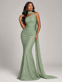Pleated Chiffon Lace Prom Dresses Long Bodycon Mermaid with Scarf