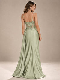 Mermaid Satin Prom Dress with Floral Appliqué Corset and High Slit