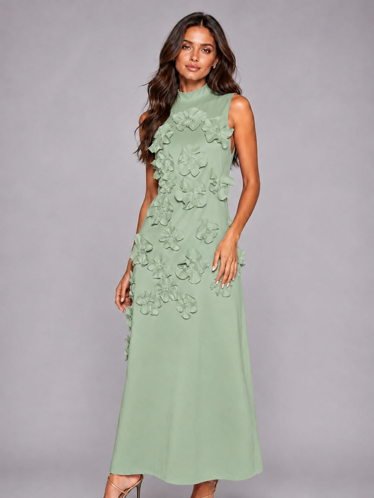 3D Floral Applique High Neck Prom Maxi Dress