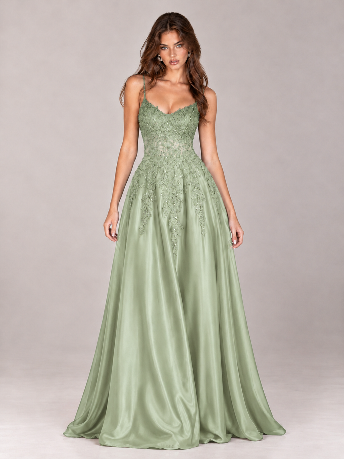 Lace Applique Satin A-Line Prom Dress with Sheer Bodice